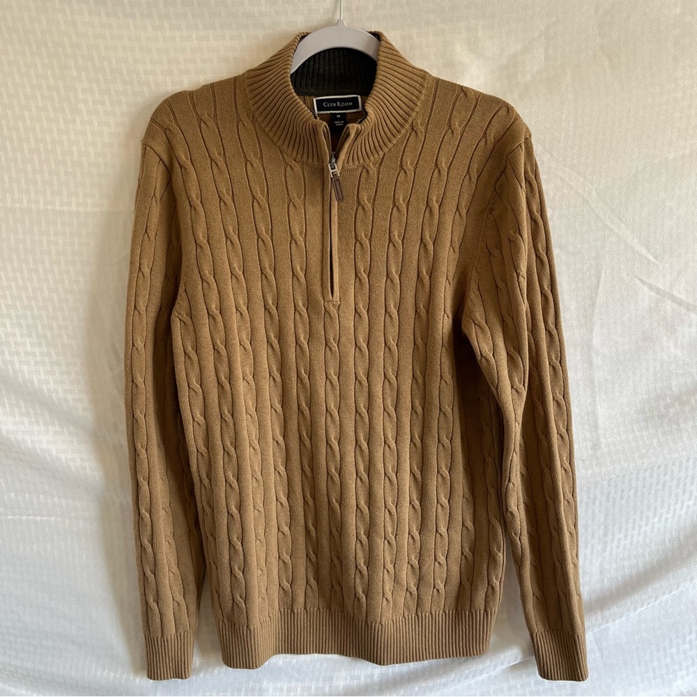 Club Room Quarter Zip Ribbed Collar Cable Knit Tan Brown Sweater Size Medium